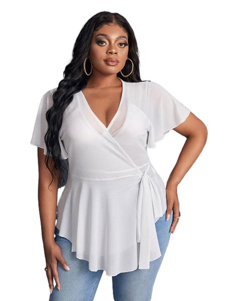 

sxy plus solid deep v neck tie side tee n7ew#, Black