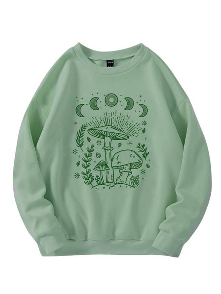 

mushroom print drop shoulder thermal sweatshirt f7al#, Black