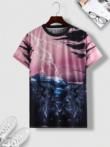 

men 3d lion & lightning print tee k7dd#, White;black