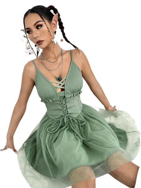 

grommet lace up front mesh overlay frill trim cami dress x7lb#, Black;gray