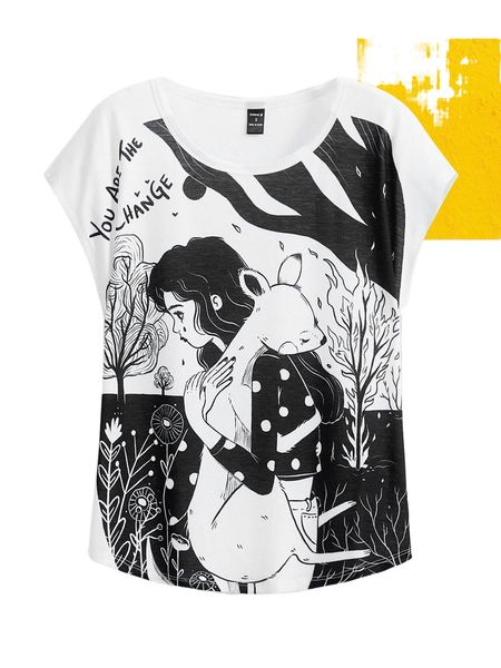 

x elenig slogan & figure graphic batwing sleeve tee c3mn#, White