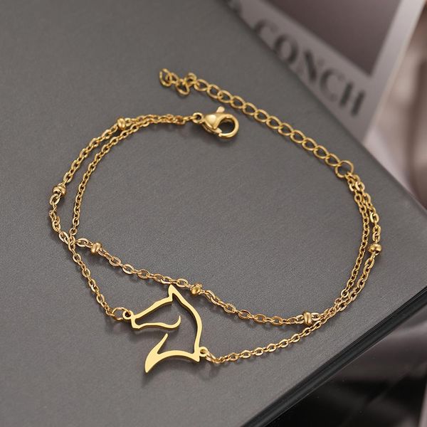 

stainless steel bracelets strands multilayer bead chain line horse head pendant, Black