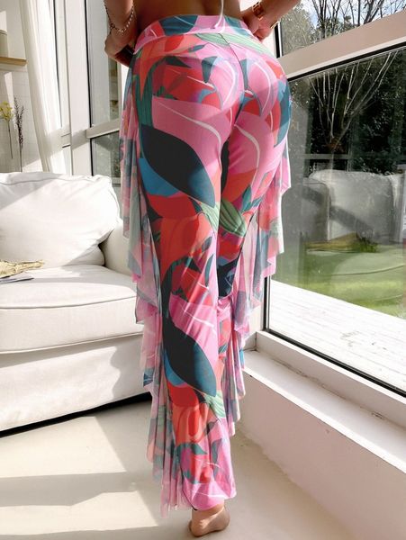 

allover print ruffle trim cover up pants j2u8#, White;black