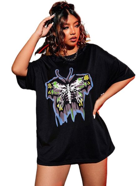 

plus butterfly print oversized tee u09q#, Black