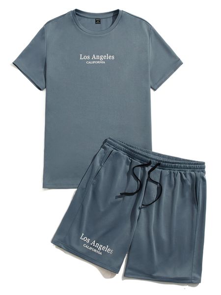

men letter graphic tee & drawstring waist shorts e9iu#, Gray