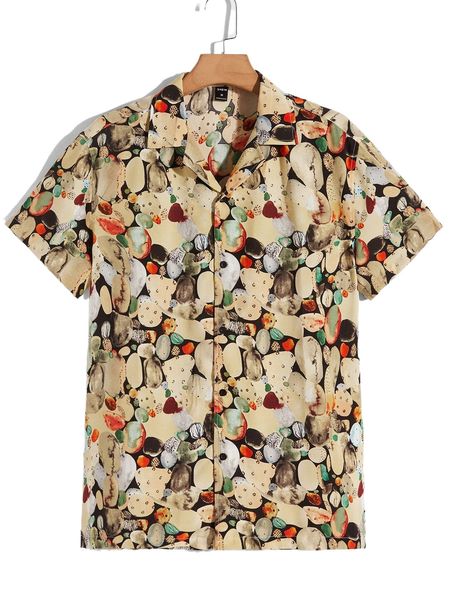 

men allover print collared button up shirt l4ja#, White;black