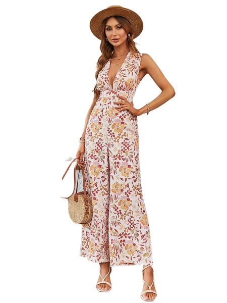 

all over floral print deep v neck tie back jumpsuit 60jr#, Black;white