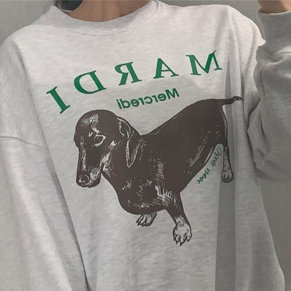 Damen Hoodies Sweatshirts Retro Verspielter süßer Dackel Hund Briefdruck Pullover Damen 2022 Koreanische Casual All-Match Übergroße Kleidung