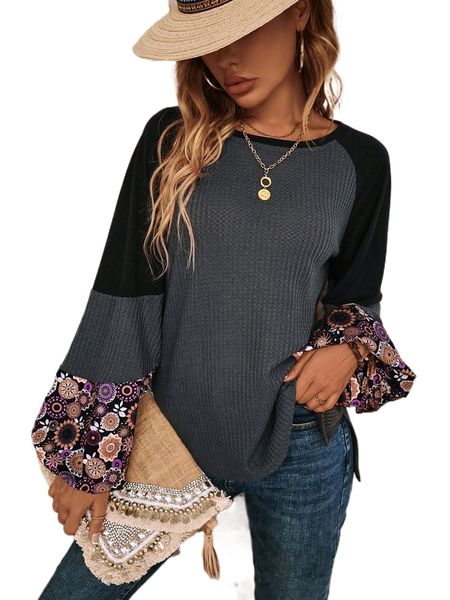 

colorblock floral print flounce sleeve tee t2sq#, White