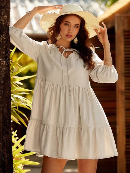 

tie front bishop sleeve smock dress a9ha#, Black;gray