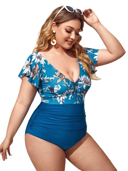 

plus floral print ruched ruffle one piece swimsuit f9fy#, White;black