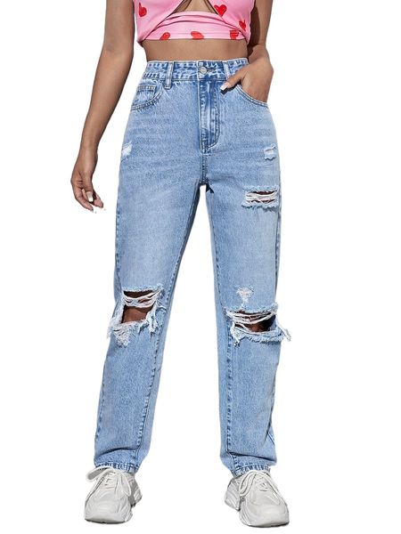 

high waist ripped cat whisker straight leg jeans 36ne#, Blue