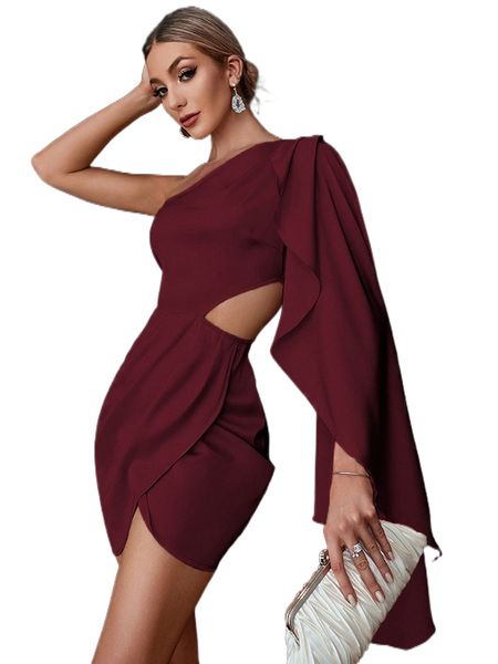 

double crazy one shoulder drape side cut out satin dress 94lr#, Black;gray