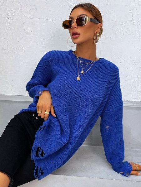 

drop shoulder ripped distressed sweater r6f2#, White;black
