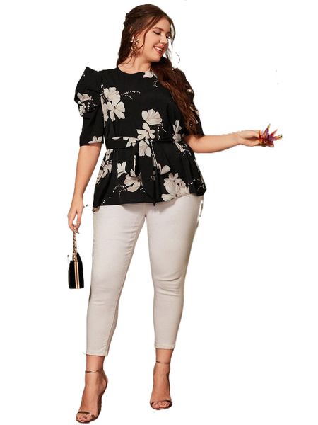 

plus puff sleeve self belted floral print c7w6#, Black