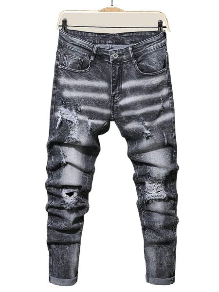 

men ripped frayed bleach wash jeans m4np#, Blue