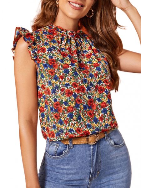 

allover floral print frilled neck butterfly sleeve blouse b4d3#, White