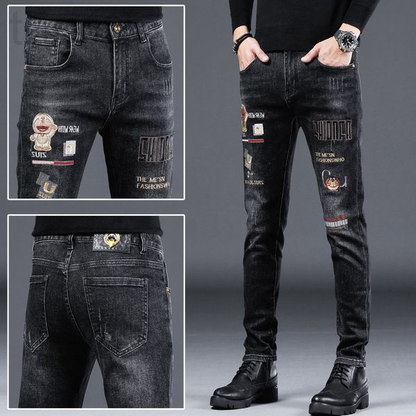 

men's jeans designer autumn and winter new embroidered jeans male student korean slim fit leggings casual versatile elastic pants r2go, Blue