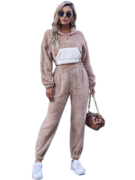 

colorblock kangaroo pocket drop shoulder crop flannel pullover & pants e3fy#, White