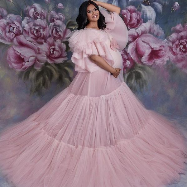

light pink prom dresses 2022 women's long maternity dress with bow ruffles cap sleeve evening gowns pshooting robes, Black