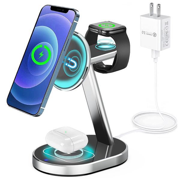 Supporto per caricabatterie wireless 3 in 1 per telefono cellulare Galaxy S21 / S20 smart Watch 4 Adattatore di alimentazione attivo per dock station di ricarica rapida 2/1 da 15 W