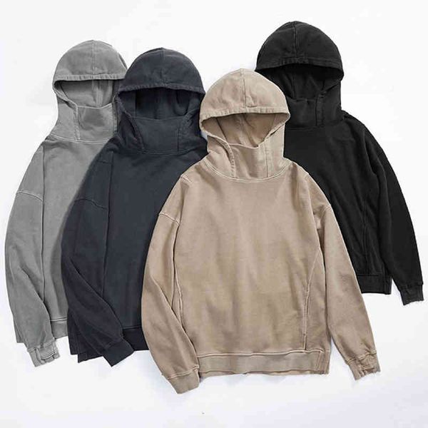 

men's hoodies & sweatshirts high street ins hip hop washing water old high neck split ninja sleeve hoodie spring and autumn solid color, Black