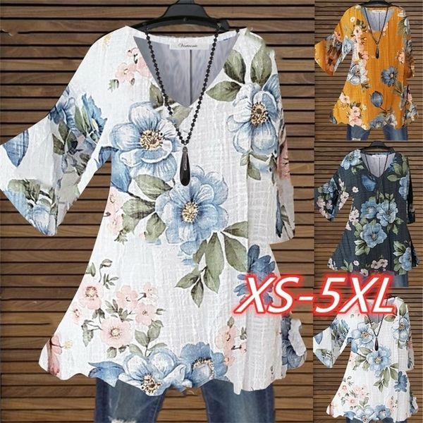 

womens causal loose floral printed t shirts summer vneck 220527, White
