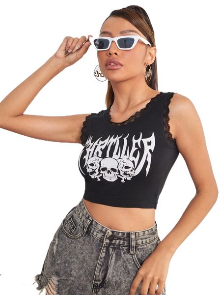 

petite skull & letter graphic lace trim tank 09uc#, White
