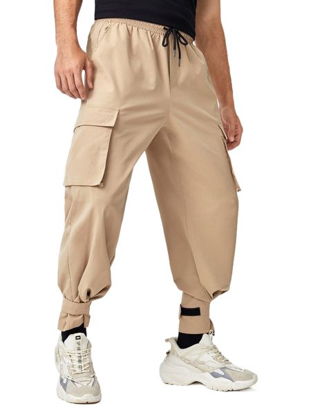 

men drawstring waist flap pocket cargo pants g9xv#, Black