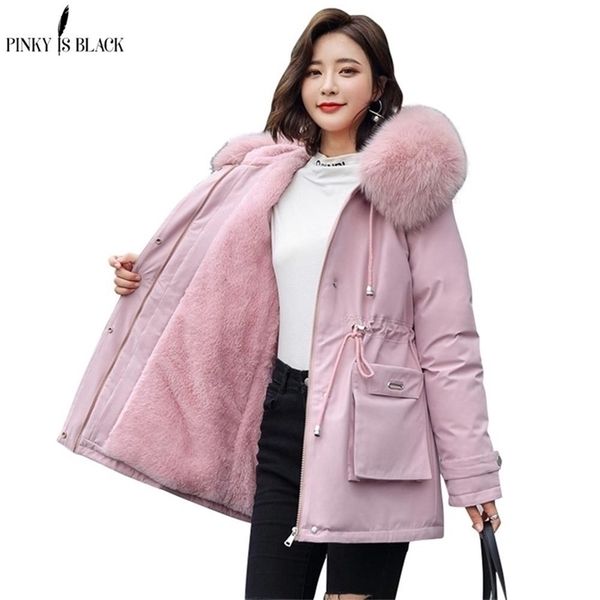

pinkyisblack fashion long cotton fur liner hooded parkas women with pockets fur collar warm winter jacket women coat 201201, Black