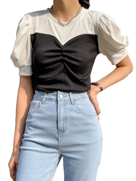 

dazy colorblock ruched puff sleeve tee m0ef#, White