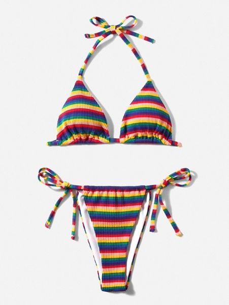 

striped halter tie side bikini swimsuit s5wb#, White;black