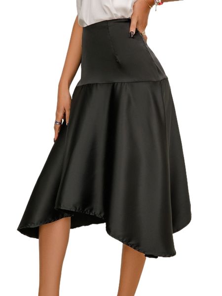 

satin high waist asymmetrical hem skirt i1ao#, Black