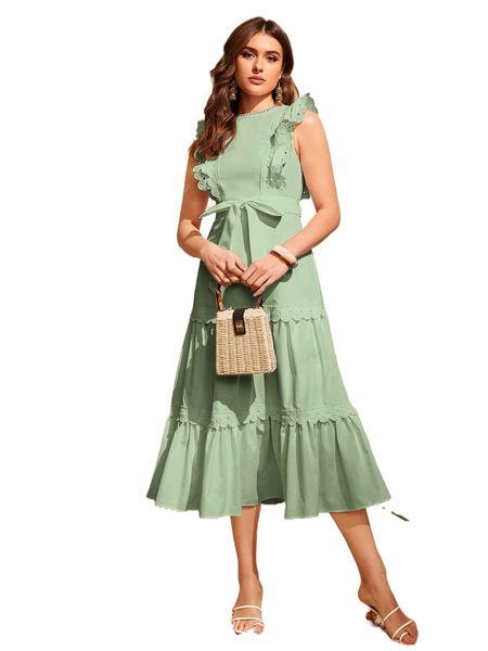 

ruffle trim guipure lace panel belted dress b3hg#, Black;gray