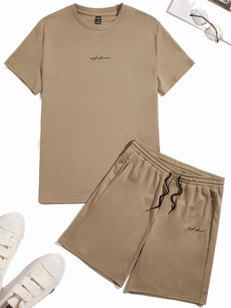 

men letter graphic tee & drawstring waist shorts 76qv#, Gray