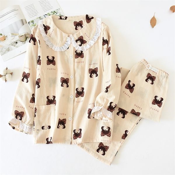 

comfortable loose confinement pajamas woven cotton doll collar longsleeved trousers pajamas suit pregnant women at home nursing t200429, Black;red