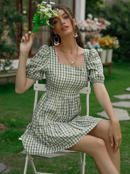 

puff sleeve tie back striped & gingham print dress e7lz#, Black;gray