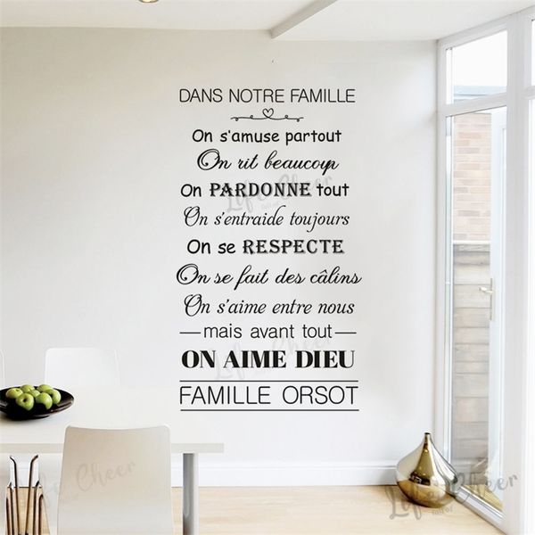 French Family Love Quote Vinyl Wall Sticker Personalizza il nome della famiglia Wall Art Decalcomanie Home Living Roon Decor Family Rules Vinyl Art 220621