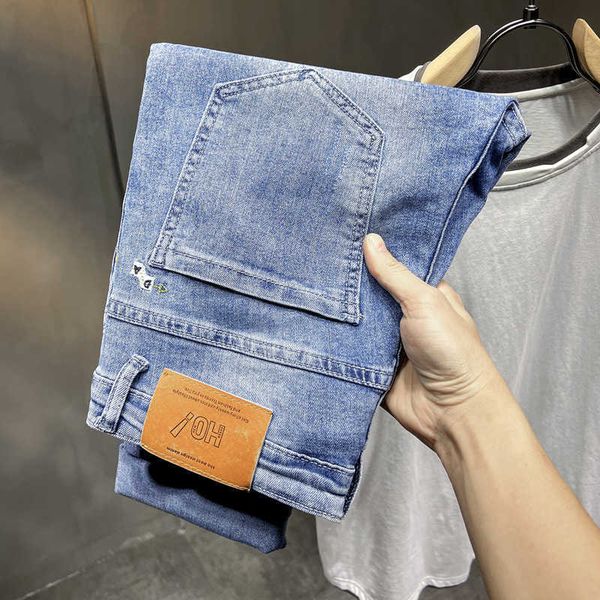 

2022 spring and summer tide brand trend straight leg jeans for young men korean light color versatile handsome capri pants, Blue