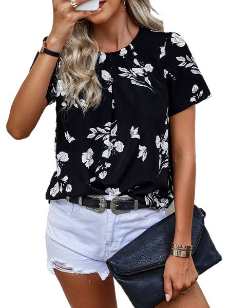 

floral print keyhole back blouse q3gh#, White
