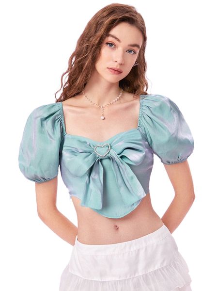 

mod puff sleeve rhinestone heart-ring bow asymmetrical hem crop blouse p56x#, White