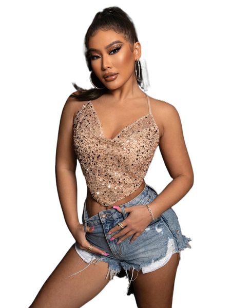 

joyfunear draped lace up backless sequins bandana cami y1m8#, White