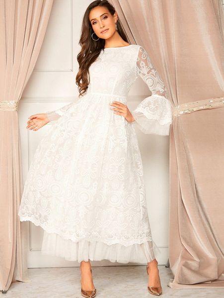 

bell sleeve embroidered mesh dress w1ll#, Black;gray