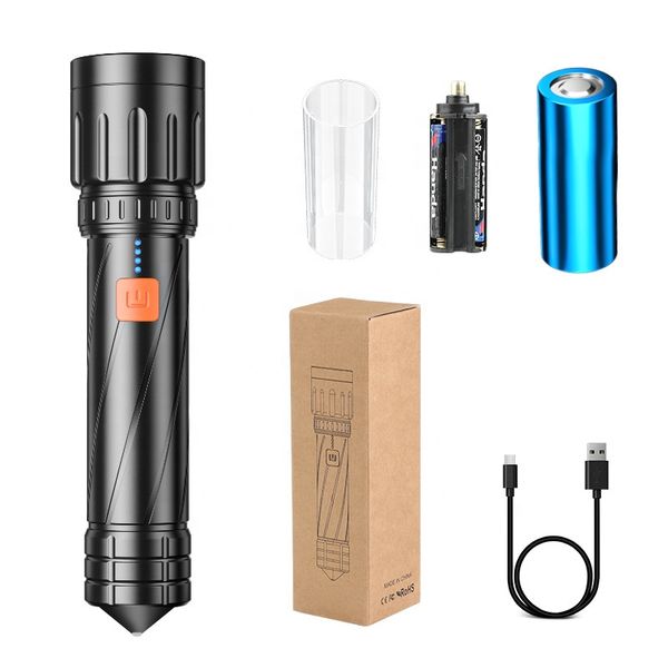

outdoor high-power zoomable p90 led flashlight 26650 battery with broken hammer type-c charging emergency torch