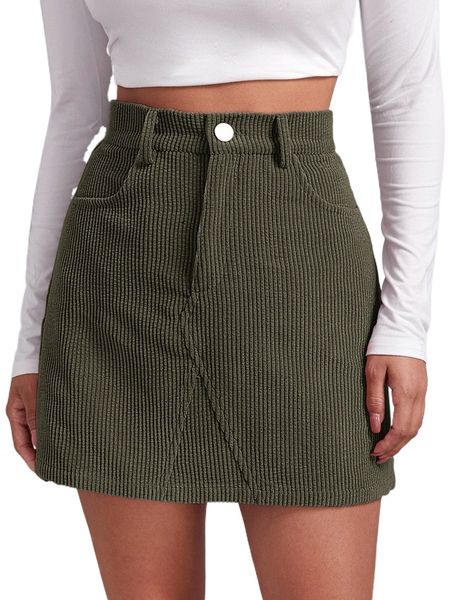 

buttoned front cord skirt n55t#, Black