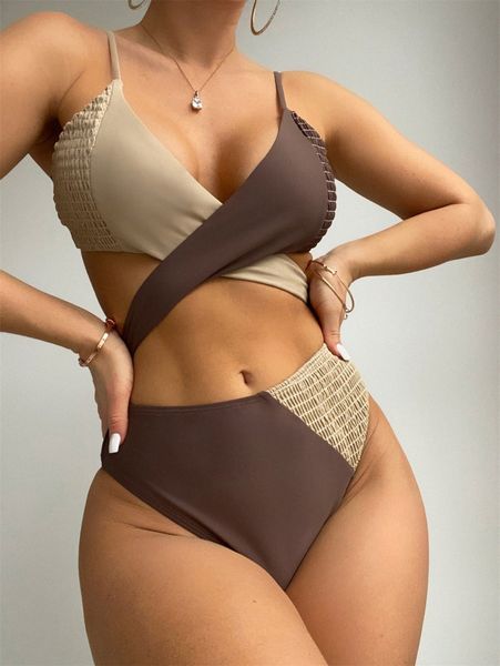 

color block smocked wrap bikini swimsuit e6gm#, White;black