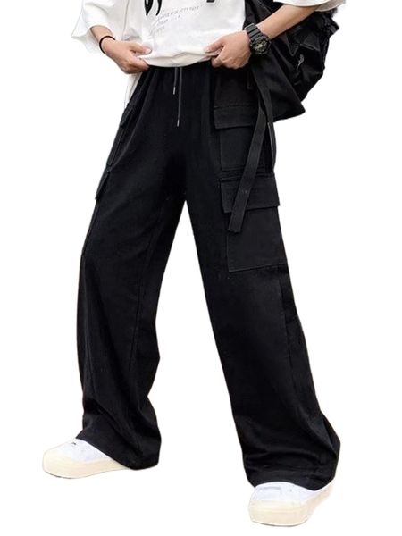 

men flap pocket drawstring waist wide leg pants r5qy#, Black