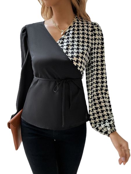 

houndstooth lantern sleeve belted blouse h3sn#, White