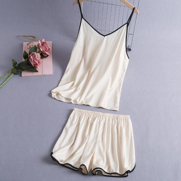 

womens imitation silk pajamas suspender sleepwear shorts two-piece simple style suit comfortable home clothes, Black;red