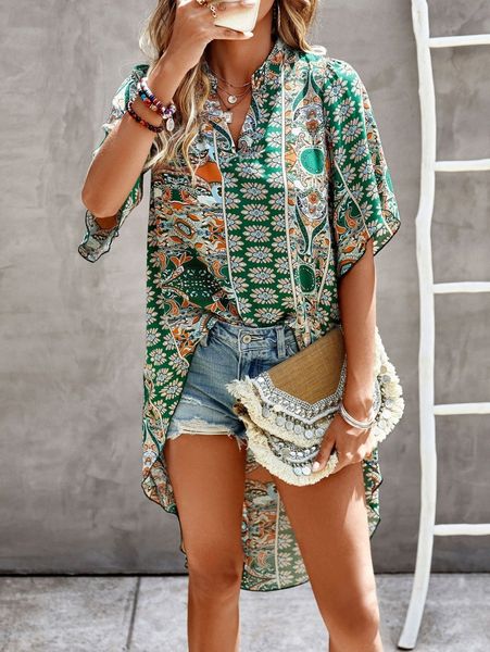 

allover print high low hem lettuce trim popover blouse c1bf#, White